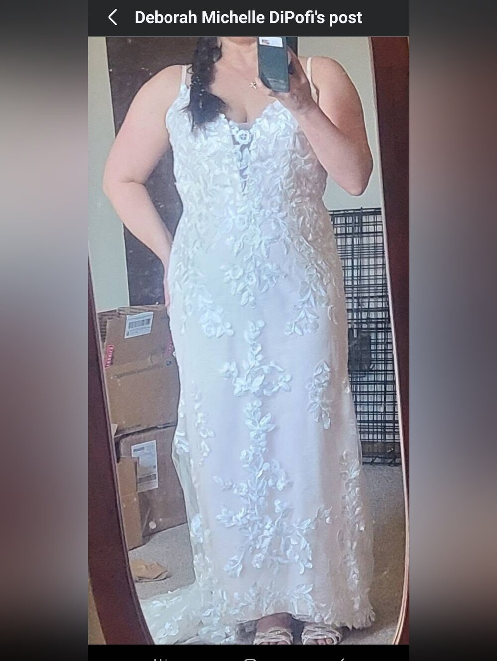 White Floral Lace Spaghetti Strap Wedding Dress